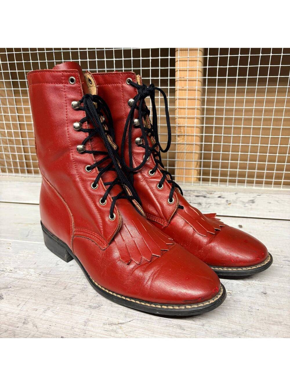 Vintage Acme Red Leather Lace-Up Ankle Boots Women's Size 7 M
